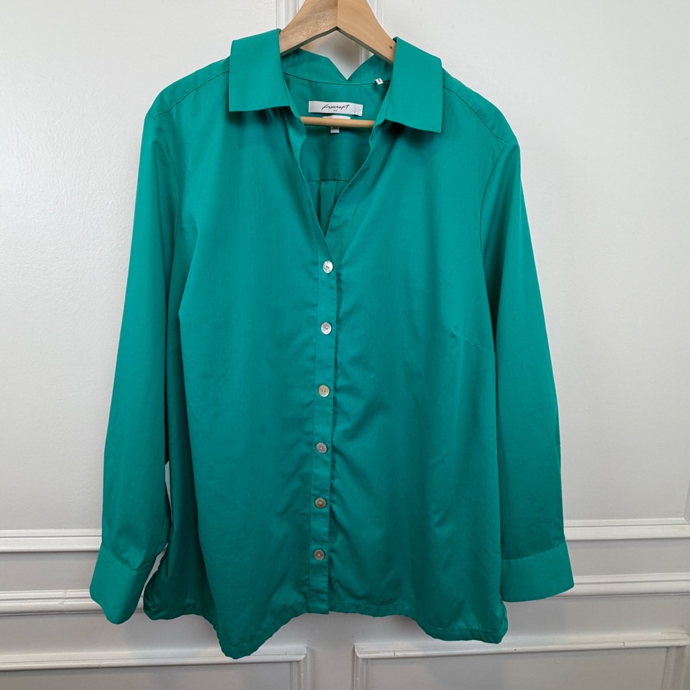 Foxcroft NYC Teal Green Button Down Shirt Long‎ Sleeve Blouse Womens 18W